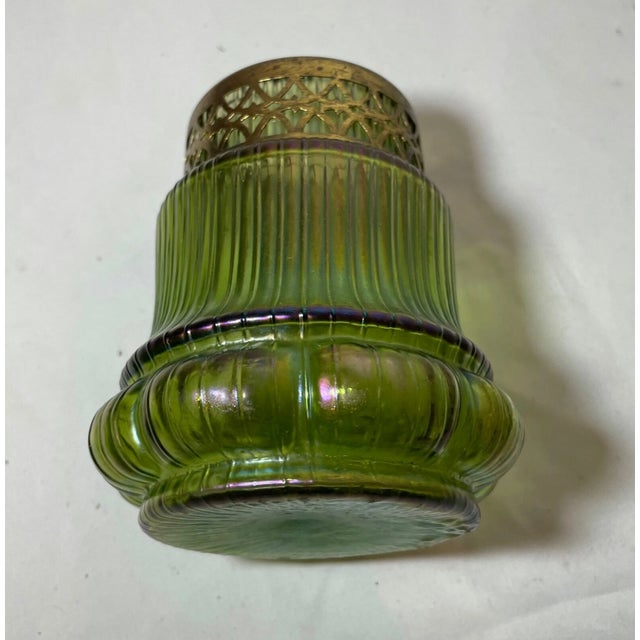 Antique Hand Blown Bohemian Loetz Bronze Mounted Green Glass Potpourri Jar Vase For Sale - Image 9 of 12