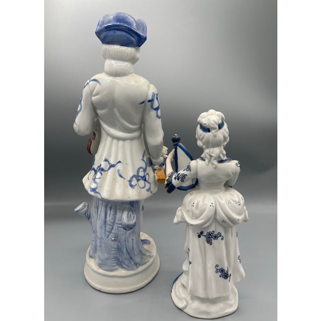 Blue Vintage Italian Blue & White Porcelain Musical Figurines With Gold Accents, Pair For Sale - Image 8 of 8