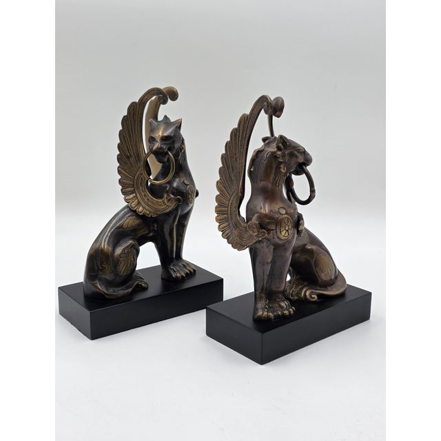 Rare Pair of Antique Early 20th C Bronze Winged Griffin Bookends on Pedestal. For Sale - Image 4 of 16
