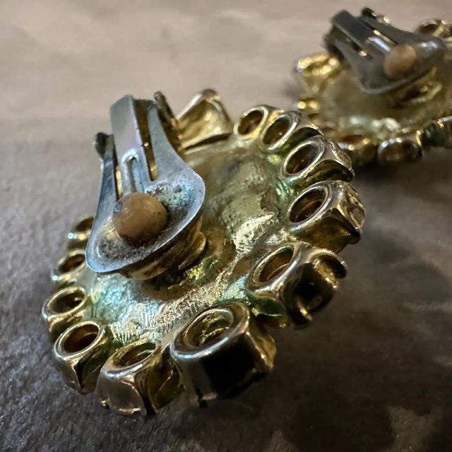 Metal 1980s Gilted Metal Rhinestones and Faux Pearls Italian Ribbon Clip-on Earrings For Sale - Image 7 of 10