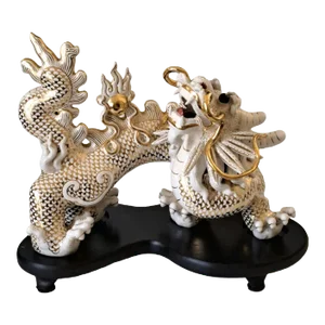 Vintage White & Gilt Ceramic Dragon Figure on Stand, Chinese Zodiac Feng Shui Sculpture
