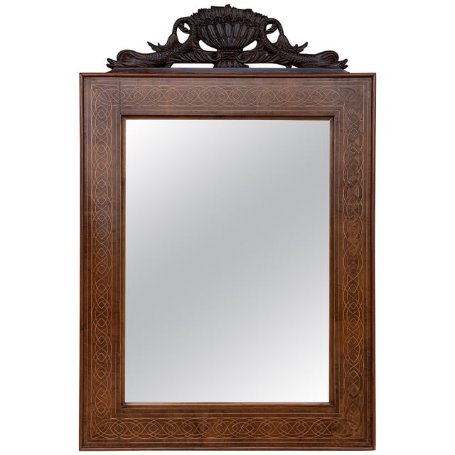 Antique Geometrical Marquetry Inlaid Mahogany Mirror with Carved Crest For Sale - Image 15 of 18