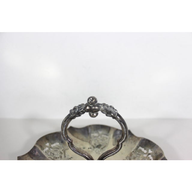 Vintage Small Silver Bonbon Dish With Handle Ruffled Edge Tray, Round Silver Plated Dish With Pierced Cutout Details Patina Trinket For Sale - Image 4 of 9