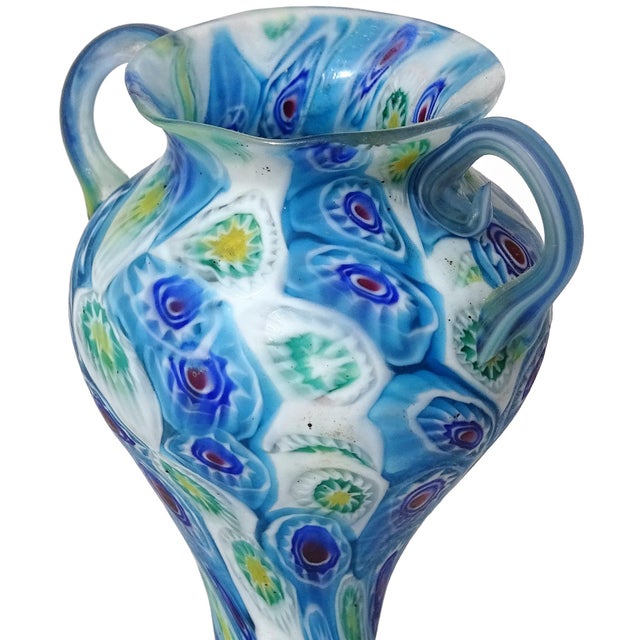 Early 20th Century Murano Fratelli Toso Antique Italian Art Glass Millefiori Flowerr Mosaic Double Handles Design Vase For Sale - Image 5 of 7