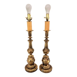 1970s Heavy Vintage 27” Polished Brass Baluster Table Lamps - a Pair For Sale