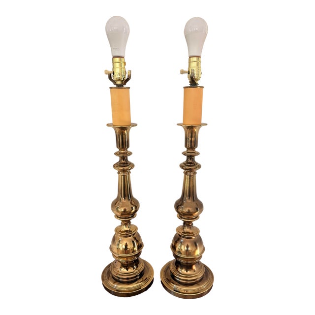 1970s Heavy Vintage 27” Polished Brass Baluster Table Lamps - a Pair For Sale