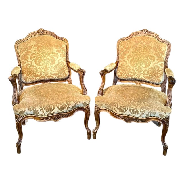 Louis XV Carved Armchairs With Cut Velvet Mohair Upholstery -a Pair For Sale
