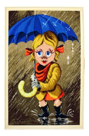 Large Vintage Tapestry of Cartoon Girl in Frame, 1970s