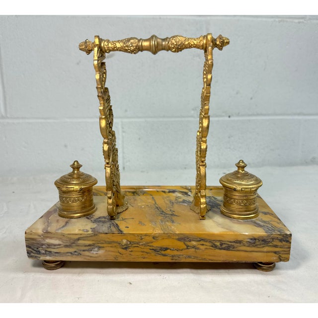 Antique French Siena Marble Bronze Dual Dolphin Empire Statue Desk Inkwell Stand For Sale - Image 10 of 14