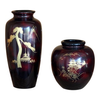 Vintage Late 20th Century Pair of Japanese Maruni Style Red Glass Vases With Gilt Pagoda Decoration For Sale