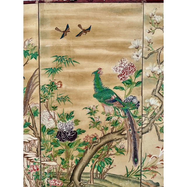1920s Chinese Export Six Panel Screen Circa 1920s, Hand-Painted Chinoiserie Garden With Birds For Sale - Image 5 of 16