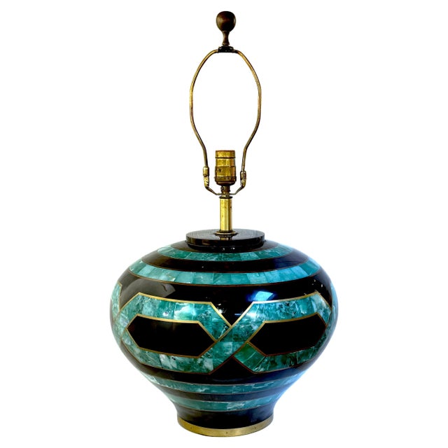 Brass Karl Springer Style Coromandel, Malachite Lacquer & Brass Inlaid Table Lamp For Sale - Image 8 of 12