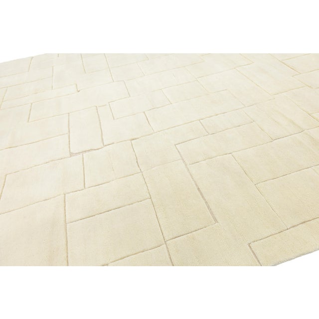 Textile Contemporary Sculpted Ivory Moroccan Wool Rug Hand-Knotted Geometric High-Low For Sale - Image 7 of 12