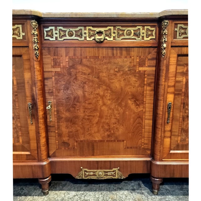 French Belgian Louis XVI Style Marble Top Marquetry Sideboard With Decorative Brass For Sale - Image 3 of 11