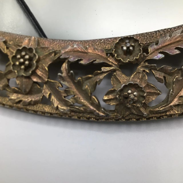 French Art Nouveau Gold Gilt Brass Oval Dresser/Vanity Mirror With Floral Design For Sale - Image 11 of 12