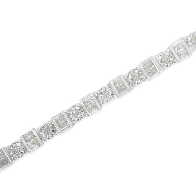 Contemporary .925 Sterling Silver 1.0 Cttw Round & Baguette Cut Diamond 7" Alternating Round and Square Station Tennis Bracelet (I-J Color, I3 Clarity) For Sale - Image 3 of 8