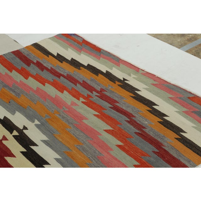 1940s Vintage Mid-Century Geometric Blue Wool Kilim Rug With Multi-Color Accents For Sale - Image 5 of 9