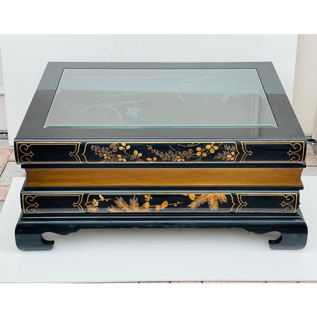 Paint 1960s Maitland Smith Style Black Lacquer Book Coffee Table With Drawers For Sale - Image 7 of 8