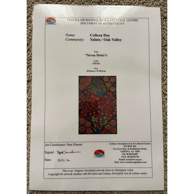 Authentic Aboriginal Art Purchased in Adelaide, Sa, Australia in 2012 "Seven Sister's" by Colleen Day For Sale - Image 10 of 10