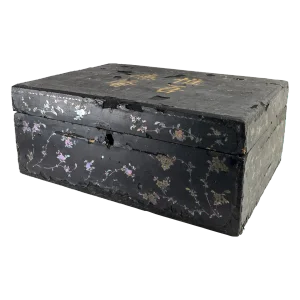19th Century Chinese Chinoiserie Black Lacquer Mother of Pearl Inlaid Trunk or Chest