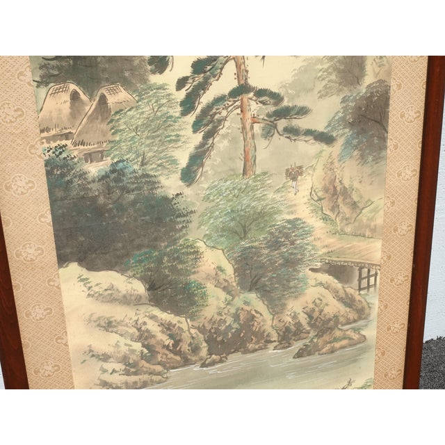 Green Tall Vintage Japanese Panel Screen Picture Forest Landscape and Signed For Sale - Image 8 of 18