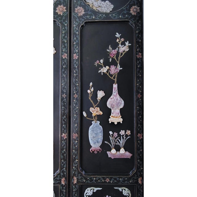 1900s Chinese Six-Panel Carved Hardstone Lacquered Coromandel Screen For Sale - Image 11 of 18