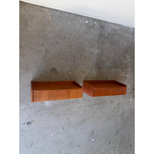 1960s Mid Century Danish Teak Floating Nightstands Wall Mounted Shelves, A Pair For Sale - Image 4 of 10