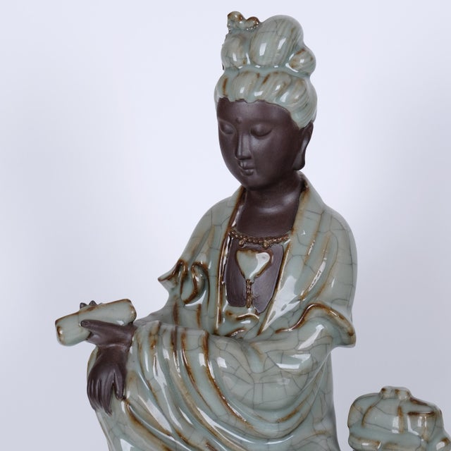 Antique Guanyin (Kwan Yin) Goddess of Mercy Buddha Late 19th / Early 20th Century Celadon Color W/ Craquelure Splendid Statue/Sculpture Vg+ For Sale In San Diego - Image 6 of 12