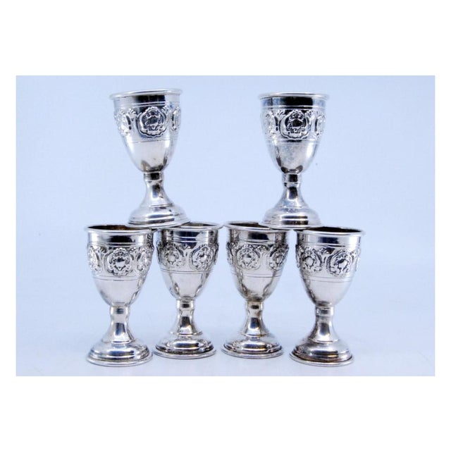 Metal Small Silver Goblets with Reliefs, Set of 6 For Sale - Image 7 of 9