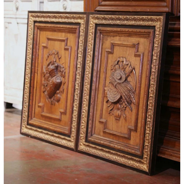 Wood Pair of 19th Century, French Carved Oak Wall Door Panels in Gilt Frames For Sale - Image 7 of 10
