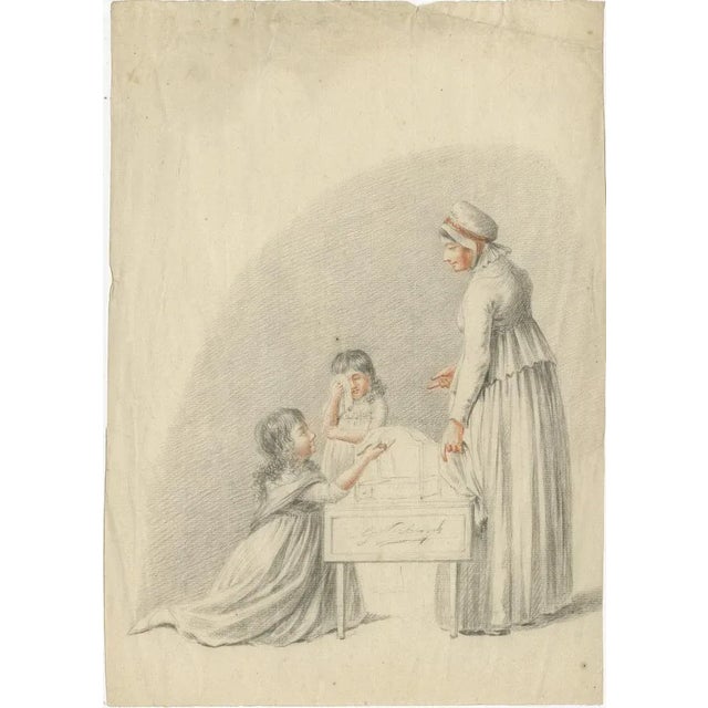 Dutch Drawing of Children Around a Cradle – Signed G. Verburgh, c.1800 : Charming early 19th-century drawing depicting a...