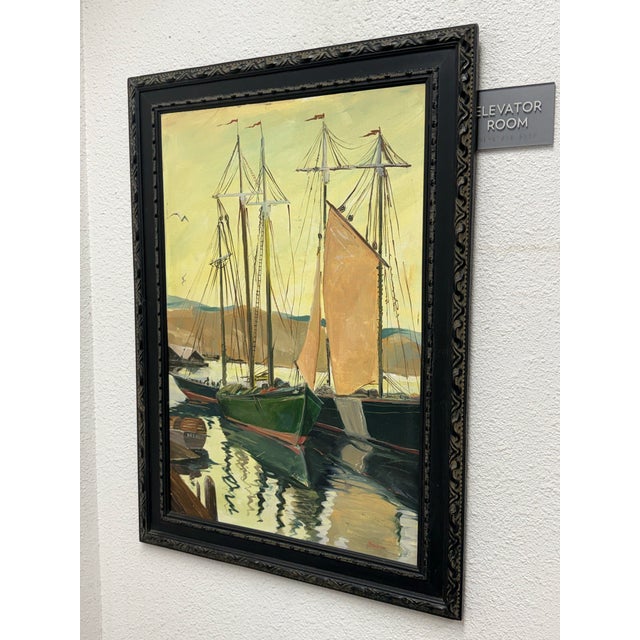 Design Plus Gallery presents a Mid 20th Century Oil Painting of Harbor Boats by Taylor. The composition depicts a working...