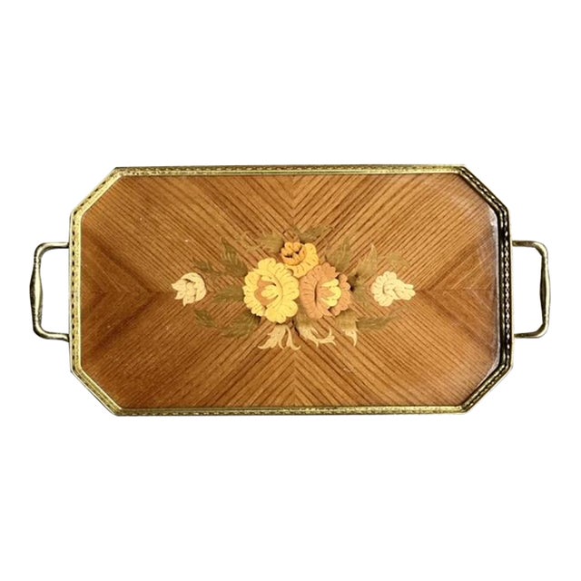 Vintage Boho Italian Marquetry Brass Gallery Tray For Sale