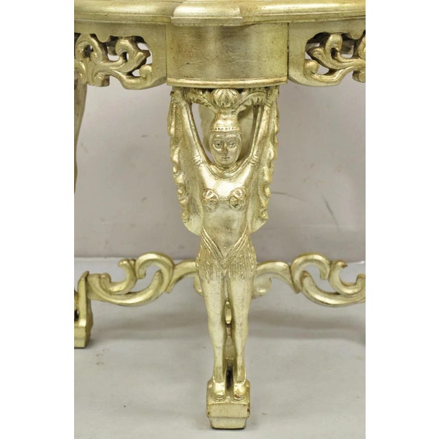 Vintage Art Deco Carved Female Dancer Silver Gold Round Coffee Side Table. Item features beautiful figural carved legs,...