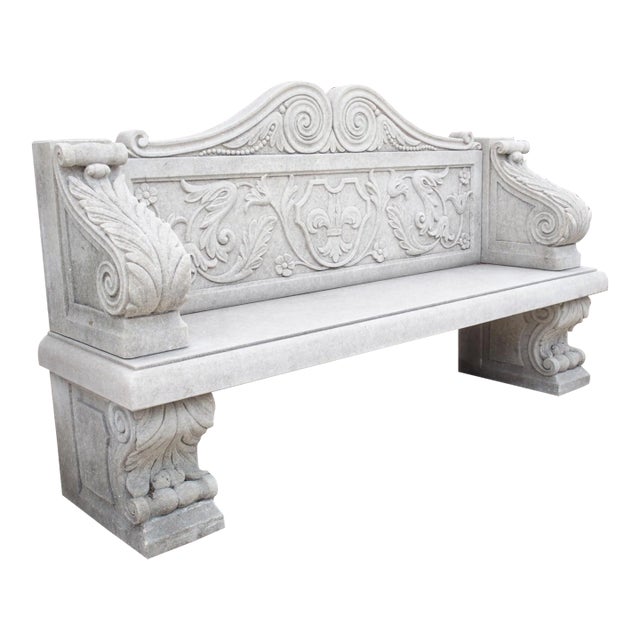 Carved Italian Limestone Garden Bench With Fleur De Lys and Acanthus Decoration For Sale
