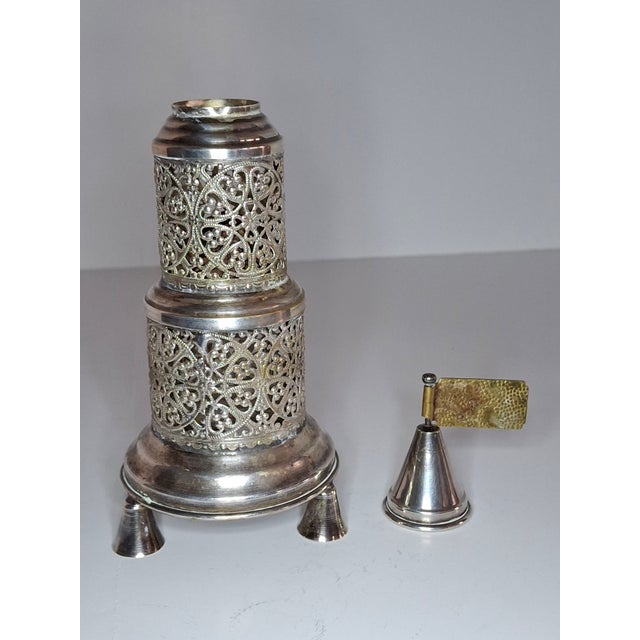 This exquisite antique Besamim spice tower is a masterpiece of late 19th-century Judaica. Handcrafted using the laborious...