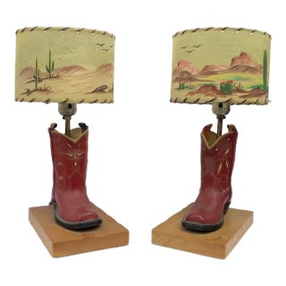 Mid-Century Children's Cowboy Boot Lamps W/Hand Painted Shades / Pair For Sale