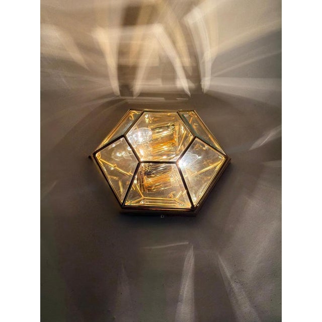 Hexagonal Gold-Plated Flush Mount or Wall Lamp with Faceted Glass, Italy, 1980s For Sale - Image 18 of 18