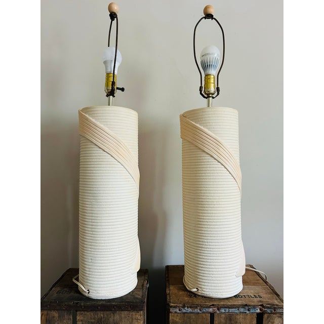 Vintage 1970’s Pair of Ceramic Textured Cylinder Table Lamps by Ross For Sale - Image 4 of 10