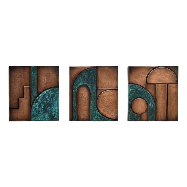Abstract Geometric Copper Wall Sculpture With Verdigris For Sale