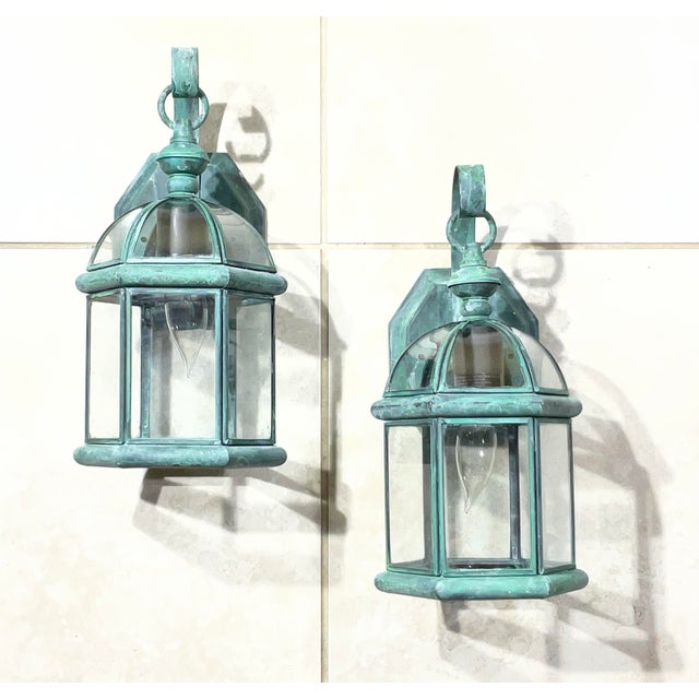 Small Pair of Vintage-Style Solid Brass Wall Lanterns Sconces- 12”25 X 6” X6” For Sale - Image 11 of 11