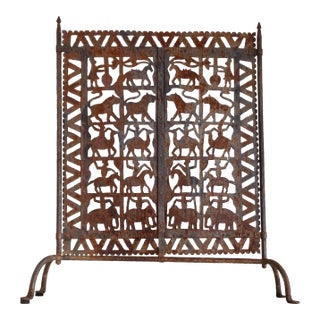 Rustic African Folk Fire Screen With Eyes Animals and Koras For Sale
