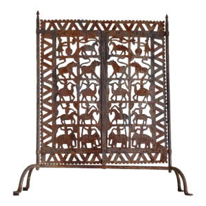 Rustic African Folk Fire Screen With Eyes Animals and Koras