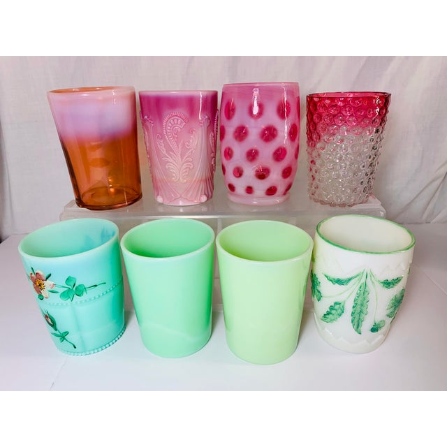 Up for sale is a stunning, hand-curated 8-piece lot of vintage and antique art glass tumblers. This gorgeous collection...