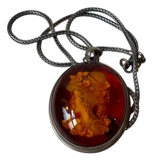 Vintage Silver Pendant Necklace with Reverse Amber Cameo, 1970s, Set of 2