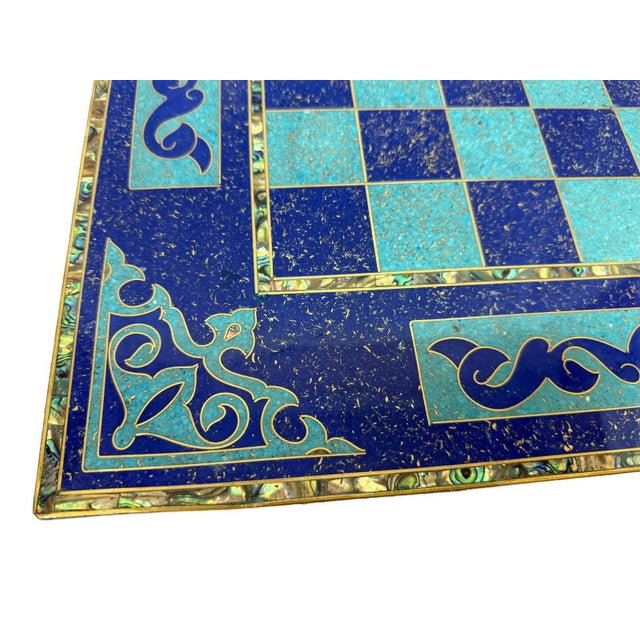 Handmade Wooden Backgammon & Chess Board Lapis, Turquoise & Mother of Pearl For Sale - Image 9 of 14