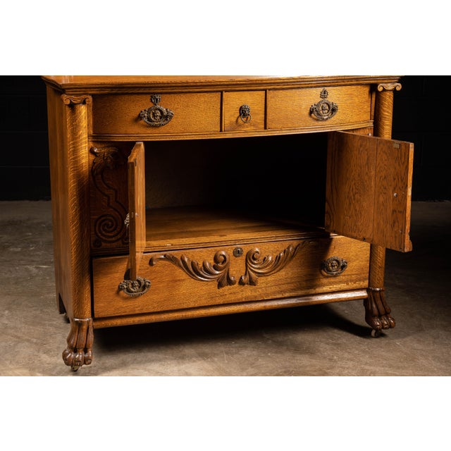 Wood Antique Empire Revival Oak Clawfoot Sideboard With Mirror For Sale - Image 7 of 11