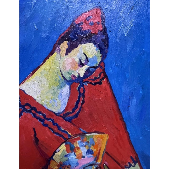 Oil Painting Girl in Red With a Fan Victor Konotopsky For Sale - Image 6 of 9