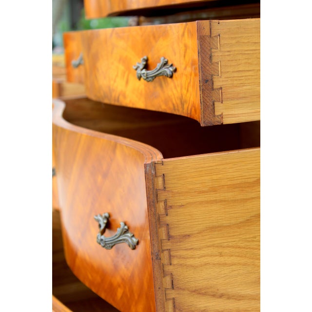 Magnificent Vintage French Provincial Louis XV Rococo Satinwood & Burl Wood Vanity and Tall Boy Chest Set For Sale - Image 14 of 18