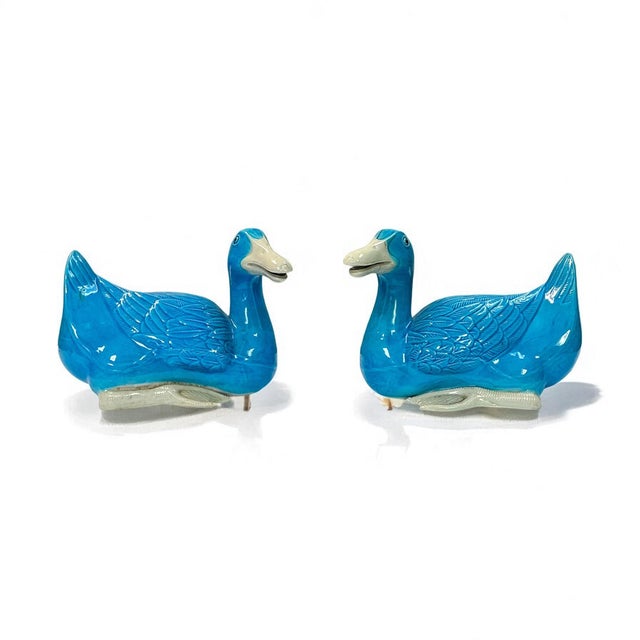 Ceramic Chinese Export Ceramic Pottery Hand Painted Turquoise Ducks - Pair For Sale - Image 7 of 7
